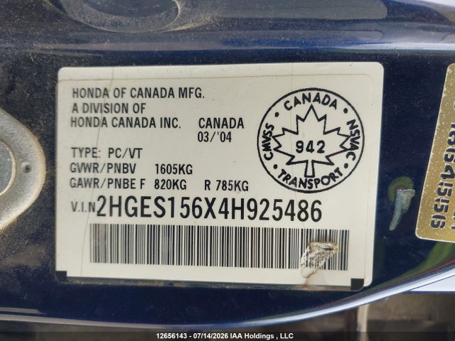2004 Honda Civic Lx მანქანა იყიდება აუქციონზე, vin: 2HGES156X4H925486, აუქციონის ნომერი: 12656143