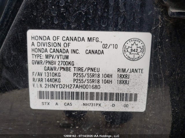 2010 Acura Mdx მანქანა იყიდება აუქციონზე, vin: 2HNYD2H27AH001680, აუქციონის ნომერი: 12656162