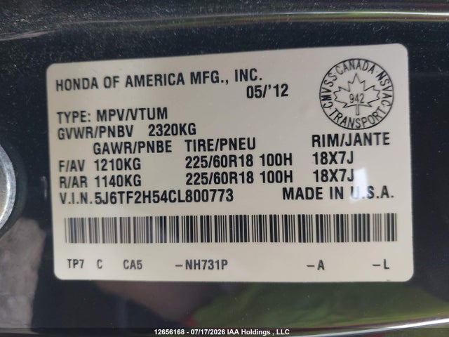 12656168 :رقم المزاد ، 5J6TF2H54CL800773 vin ، 2012 Honda Crosstour Ex-l مزاد بيع