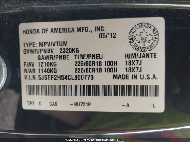 12656168 :رقم المزاد ، 5J6TF2H54CL800773 vin ، 2012 Honda Crosstour Ex-l مزاد بيع