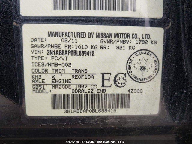 Продажа на аукционе авто 2011 Nissan Sentra 2.0/2.0s/sr/2.0sl, vin: 3N1AB6AP0BL689415, номер лота: 12656180