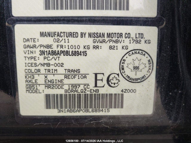 Продажа на аукционе авто 2011 Nissan Sentra 2.0/2.0s/sr/2.0sl, vin: 3N1AB6AP0BL689415, номер лота: 12656180