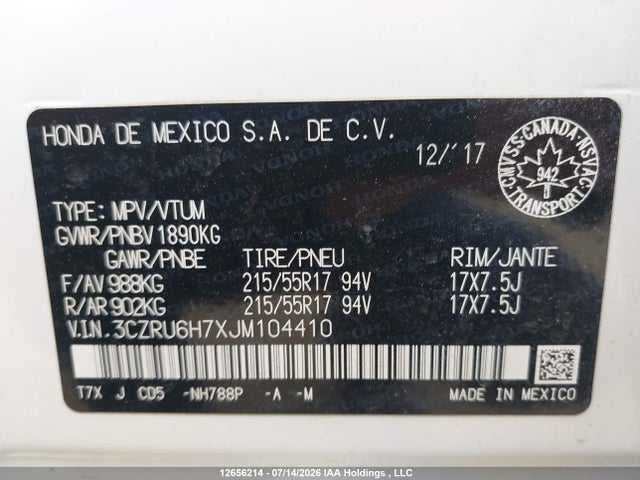 2018 Honda Hr-v მანქანა იყიდება აუქციონზე, vin: 3CZRU6H7XJM104410, აუქციონის ნომერი: 12656214