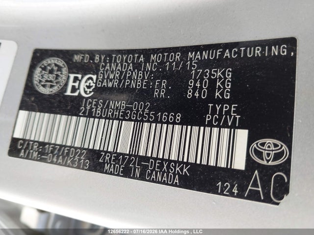 Продажа на аукционе авто 2016 Toyota Corolla L/le/le Pls/prm/s/s Pls, vin: 2T1BURHE3GC551668, номер лота: 12656222