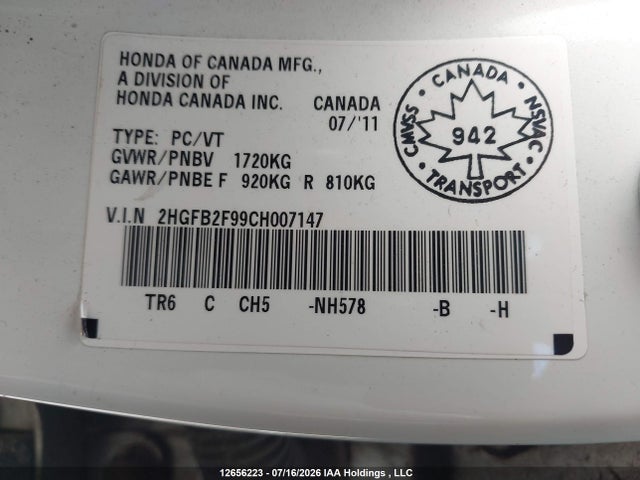Продаж на аукціоні авто 2012 Honda Civic Exl, vin: 2HGFB2F99CH007147, номер лоту: 12656223