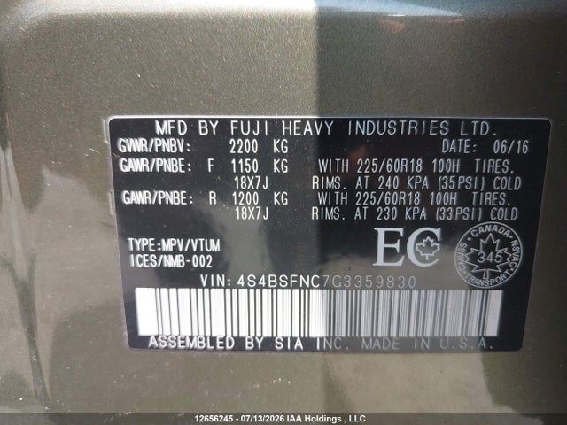 2016 Subaru Outback 3.6r Limited მანქანა იყიდება აუქციონზე, vin: 4S4BSFNC7G3359830, აუქციონის ნომერი: 12656245