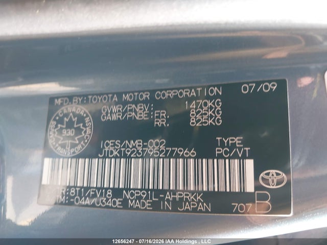 12656247 :رقم المزاد ، JTDKT923795277966 vin ، 2009 Toyota Yaris مزاد بيع