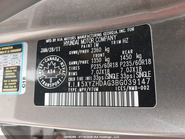 Aukcja sprzedaży 2011 Hyundai Santa Fe, vin: 5XYZHDAG3BG039147, numer aukcji: 12656266