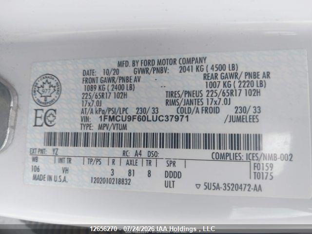 Продаж на аукціоні авто 2020 Ford Escape S, vin: 1FMCU9F60LUC37971, номер лоту: 12656270