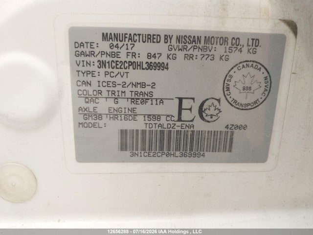 Nissan Versa Note S/s Plus/sv/sl/sr 2017 3N1CE2CP0HL369994 Image 9