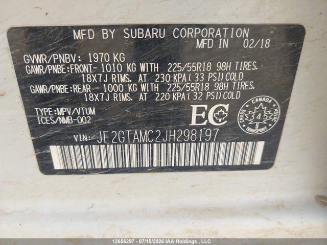12656297 :رقم المزاد ، JF2GTAMC2JH298197 vin ، 2018 Subaru Crosstrek Limited مزاد بيع