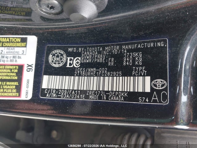 Aukcja sprzedaży 2015 Toyota Corolla L/le/le Pls/prm/s/s Pls, vin: 2T1BURHE1FC282925, numer aukcji: 12656298
