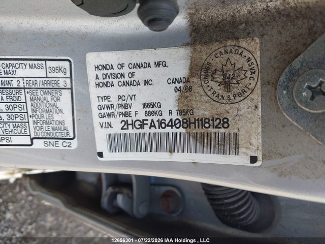 2008 Honda Civic Dx-g მანქანა იყიდება აუქციონზე, vin: 2HGFA16408H118128, აუქციონის ნომერი: 12656301