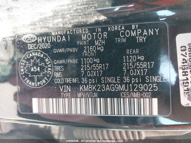 12656308 :رقم المزاد ، KM8K23AG9MU129025 vin ، 2021 Hyundai Kona Electric Preferred مزاد بيع