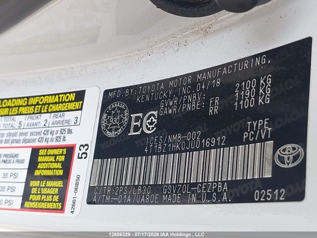 12656329 :رقم المزاد ، 4T1BZ1HK0JU016912 vin ، 2018 Toyota Camry Xse/xle مزاد بيع
