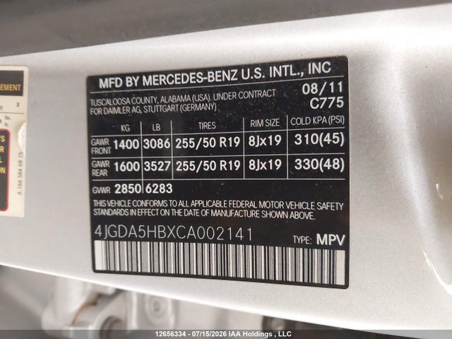2012 Mercedes-benz Ml 350 4matic მანქანა იყიდება აუქციონზე, vin: 4JGDA5HBXCA002141, აუქციონის ნომერი: 12656334