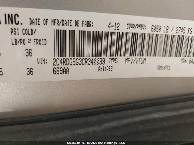 2012 Dodge Grand Caravan Se მანქანა იყიდება აუქციონზე, vin: 2C4RDGBG3CR340039, აუქციონის ნომერი: 12656340