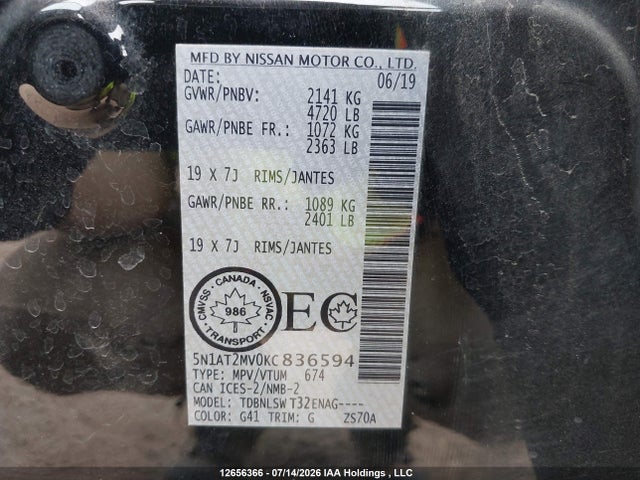 5N1AT2MV0KC836594 Nissan Rogue