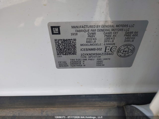 12656373 :رقم المزاد ، 1GYKNDRS6KZ159443 vin ، 2019 Cadillac Xt5 Luxury مزاد بيع