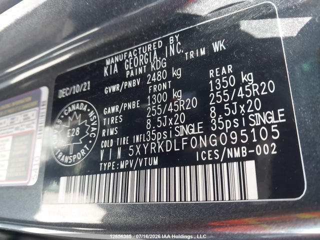 12656385 :رقم المزاد ، 5XYRKDLF0NG095105 vin ، 2022 Kia Sorento 2.5t Sx W/black Leather/2.5t Sx W/burgundy Leather مزاد بيع