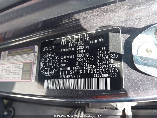 12656385 :رقم المزاد ، 5XYRKDLF0NG095105 vin ، 2022 Kia Sorento 2.5t Sx W/black Leather/2.5t Sx W/burgundy Leather مزاد بيع