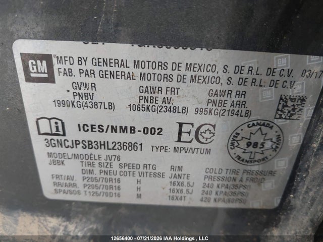 Продажа на аукционе авто 2017 Chevrolet Trax Lt, vin: 3GNCJPSB3HL236861, номер лота: 12656400