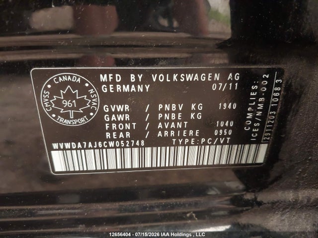 2012 Volkswagen Golf მანქანა იყიდება აუქციონზე, vin: WVWDA7AJ6CW052748, აუქციონის ნომერი: 12656404