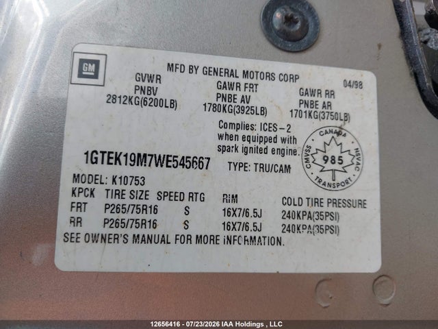 Aukcja sprzedaży 1998 Gmc Sierra K1500, vin: 1GTEK19M7WE545667, numer aukcji: 12656416