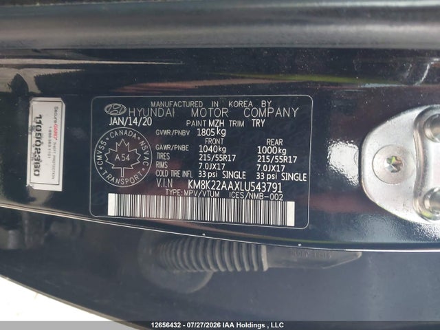 12656432 :رقم المزاد ، KM8K22AAXLU543791 vin ، 2020 Hyundai Kona مزاد بيع