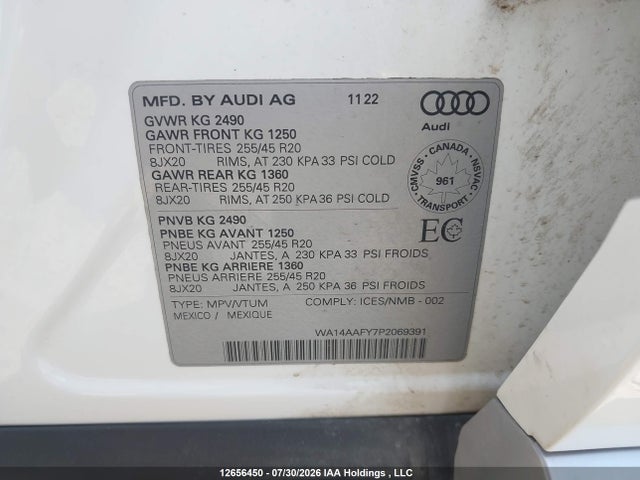 2023 Audi Q5 45 Progressiv მანქანა იყიდება აუქციონზე, vin: WA14AAFY7P2069391, აუქციონის ნომერი: 12656450