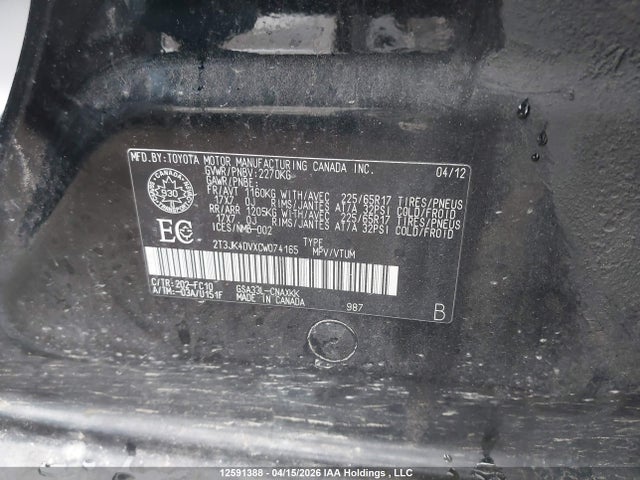 2012 Toyota Rav4 Base V6 მანქანა იყიდება აუქციონზე, vin: 2T3JK4DVXCW074165, აუქციონის ნომერი: 12591388