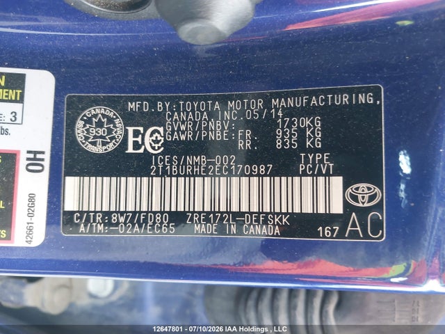12647801 :رقم المزاد ، 2T1BURHE2EC170987 vin ، 2014 Toyota Corolla S مزاد بيع