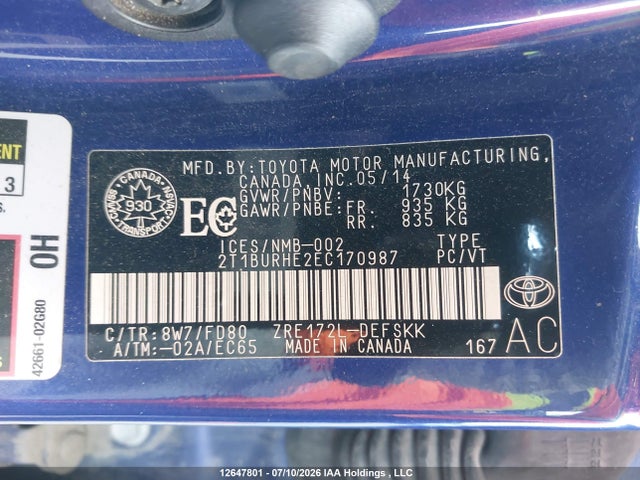 12647801 :رقم المزاد ، 2T1BURHE2EC170987 vin ، 2014 Toyota Corolla S مزاد بيع