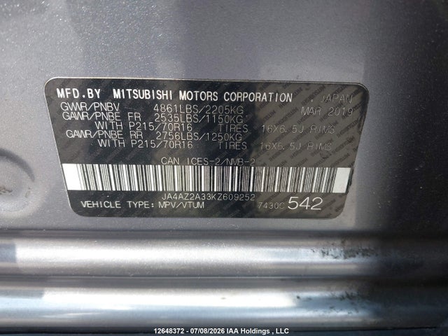 Продажа на аукционе авто 2019 Mitsubishi Outlander Es, vin: JA4AZ2A33KZ609252, номер лота: 12648372