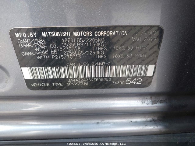 Продажа на аукционе авто 2019 Mitsubishi Outlander Es, vin: JA4AZ2A33KZ609252, номер лота: 12648372