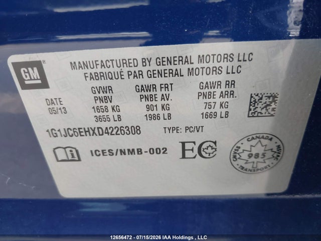 Продаж на аукціоні авто 2013 Chevrolet Sonic Lt, vin: 1G1JC6EHXD4226308, номер лоту: 12656472