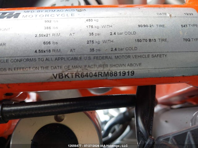 2024 Ktm 890 Adventure R მანქანა იყიდება აუქციონზე, vin: VBKTR6404RM881919, აუქციონის ნომერი: 12656477