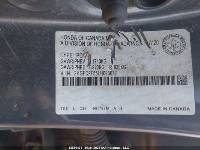 Aukcja sprzedaży 2020 Honda Civic, vin: 2HGFC2F55LH023677, numer aukcji: 12656478