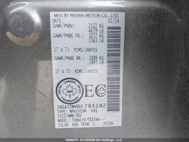 12656479 :رقم المزاد ، 5N1AT2MV6EC784182 vin ، 2014 Nissan Rogue S/sl/sv مزاد بيع