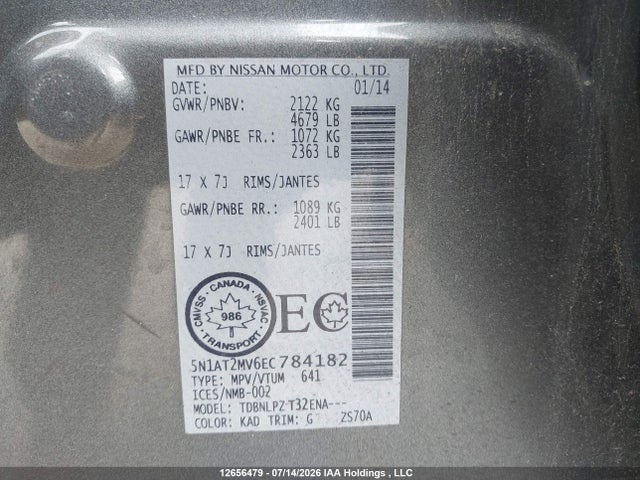 12656479 :رقم المزاد ، 5N1AT2MV6EC784182 vin ، 2014 Nissan Rogue S/sl/sv مزاد بيع