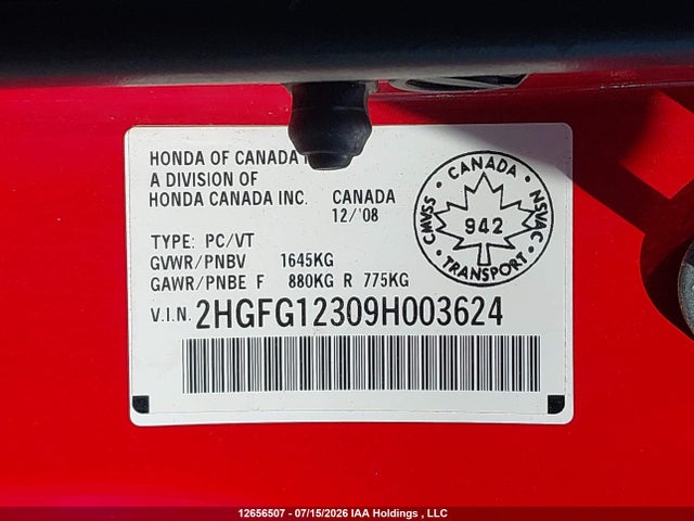 Aukcja sprzedaży 2009 Honda Civic Cpe, vin: 2HGFG12309H003624, numer aukcji: 12656507