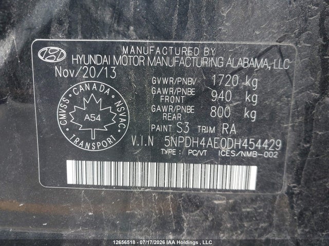 2013 Hyundai Elantra Gls მანქანა იყიდება აუქციონზე, vin: 5NPDH4AE0DH454429, აუქციონის ნომერი: 12656518