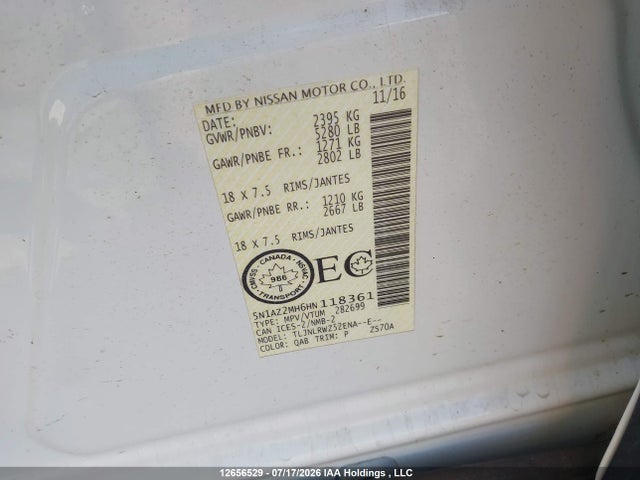 2017 Nissan Murano Platinum/sl/sv მანქანა იყიდება აუქციონზე, vin: 5N1AZ2MH6HN118361, აუქციონის ნომერი: 12656529