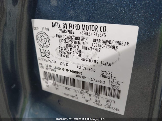 2011 Ford Escape Xlt მანქანა იყიდება აუქციონზე, vin: 1FMCU9DG9BKA88899, აუქციონის ნომერი: 12656547