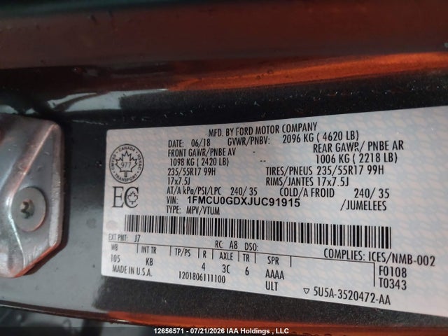 Продажа на аукционе авто 2018 Ford Escape Se, vin: 1FMCU0GDXJUC91915, номер лота: 12656571