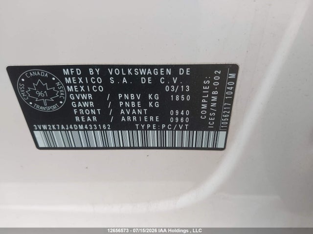 2013 Volkswagen Jetta S მანქანა იყიდება აუქციონზე, vin: 3VW2K7AJ4DM433162, აუქციონის ნომერი: 12656573
