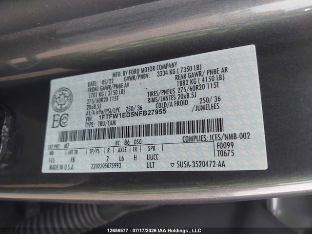 Auction sale of the 2022 Ford F-150 Xlt, vin: 1FTFW1ED5NFB27955, lot number: 12656577