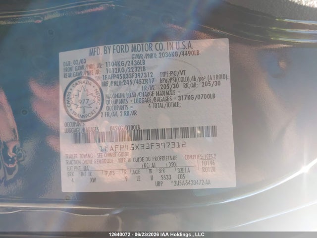 12640072 :رقم المزاد ، 1FAFP45X33F397312 vin ، 2003 Ford Mustang Gt مزاد بيع