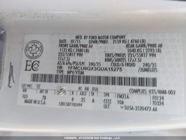 Ford ESCAPE SE 2016 1FMCU9GX3GUA15275 Image 18