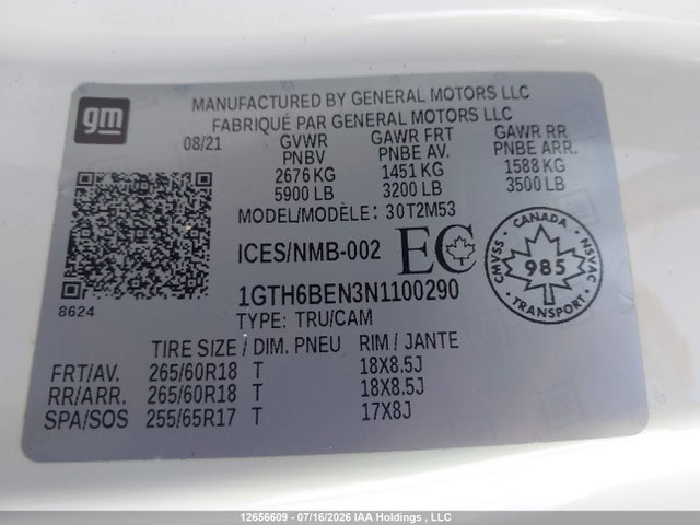 12656609 :رقم المزاد ، 1GTH6BEN3N1100290 vin ، 2022 Gmc Canyon Elevation Standard مزاد بيع
